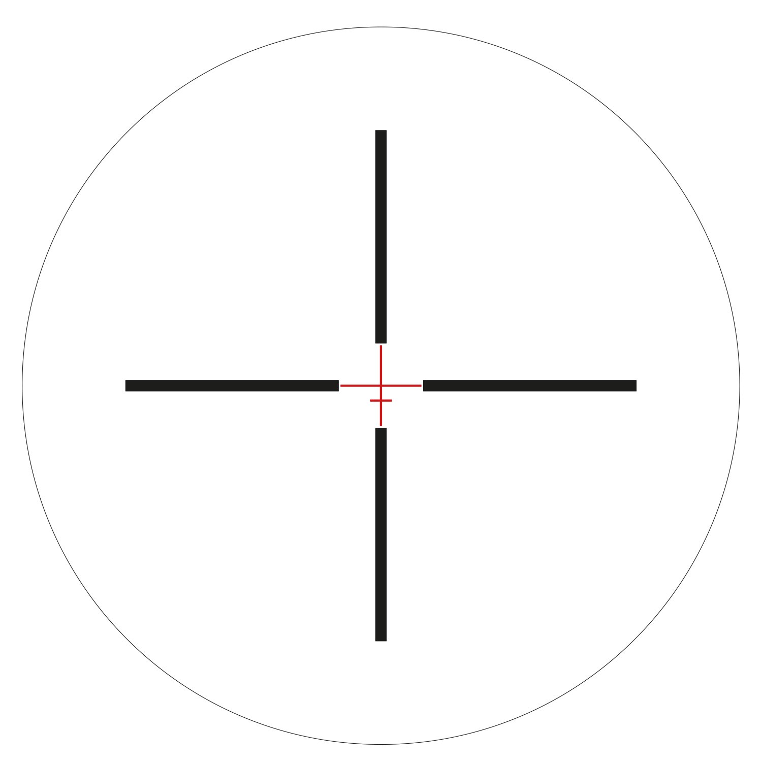 Ein Zielkreis mit vier schwarzen Markierungen, die längs in der Mitte angeordnet sind, und roten Zielhilfslinien in der Mitte.