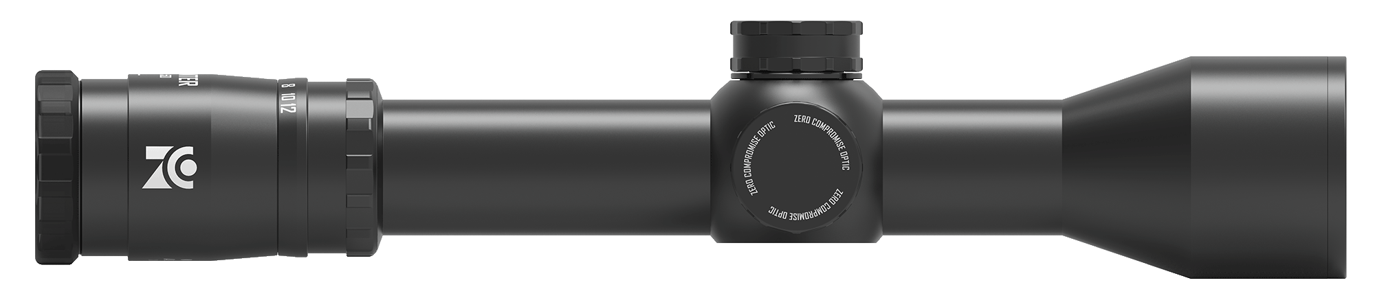 Ein schwarzer Zielfernrohr mit Zoom- und Einstellknöpfen, Markenlogo auf der linken Seite, seitliche Einstellschraube, medium bis langes Objektiv.